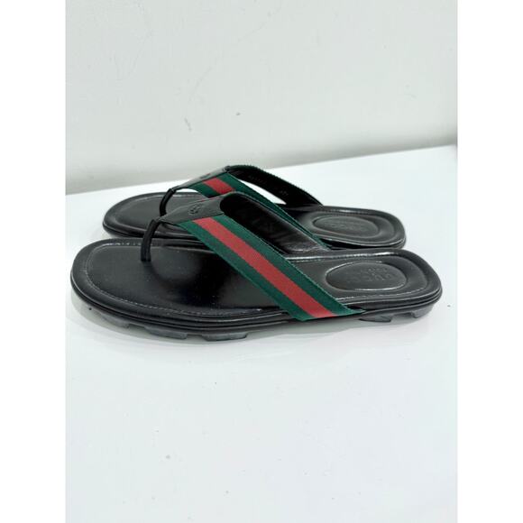 Gucci Web Leather Slip On Thong Flip Flop Flat Sandals Black Men's Size US 11.5 - Picture 1 of 5
